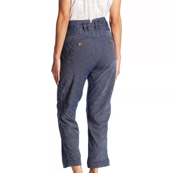 Free People Rumors Yarn Dye Stripe Paper Bag Pants Blue and White Striped - Picture 3 of 11